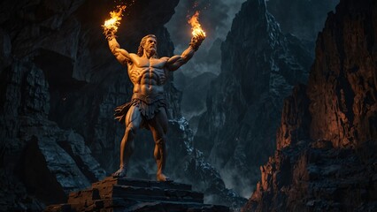Statue of Prometheus, the fire-bringer god, raising a flame with both hands, with determination and sacrifice in his eyes, set against a backdrop of dark caves and cold mountains, with carvings showca