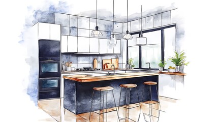 Watercolor modern and minimalist kitchen interior design illustration