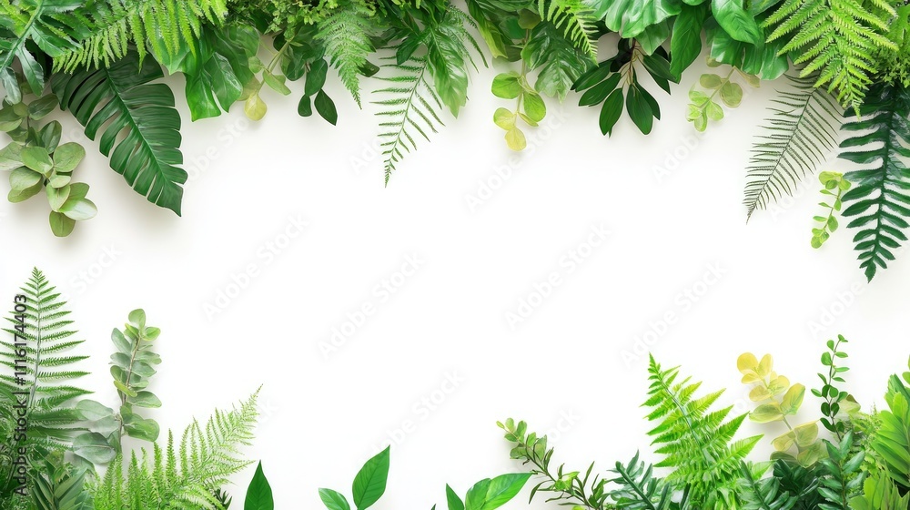 Poster lush green artificial plants creating a vibrant frame against a clean white background for decorativ