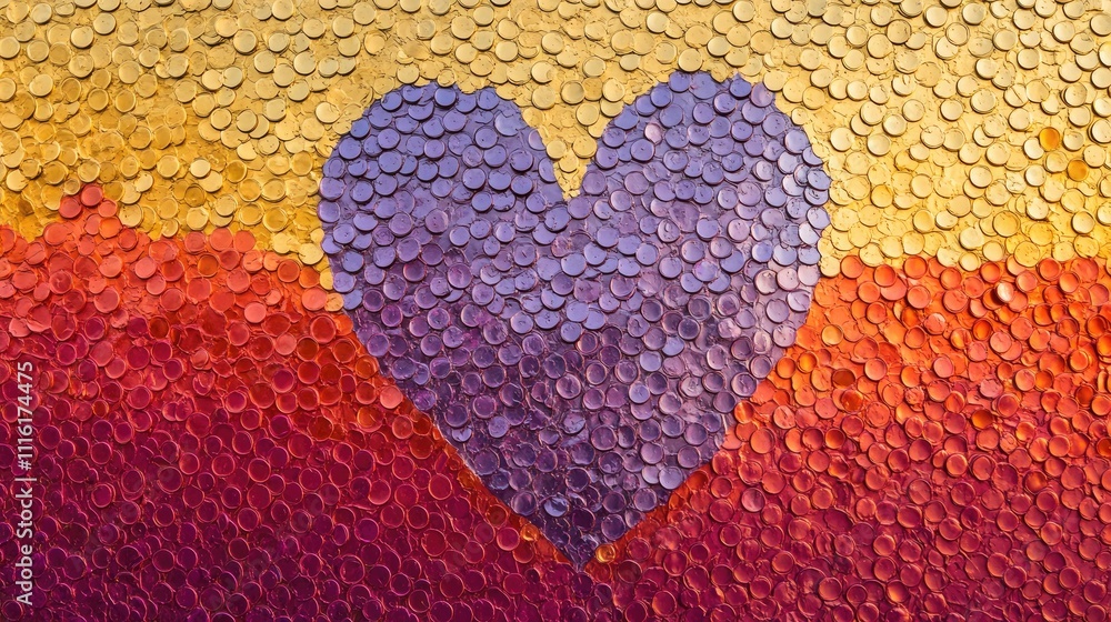 Poster purple heart shaped sequins on a vibrant gold and red textured background creating an artistic displ