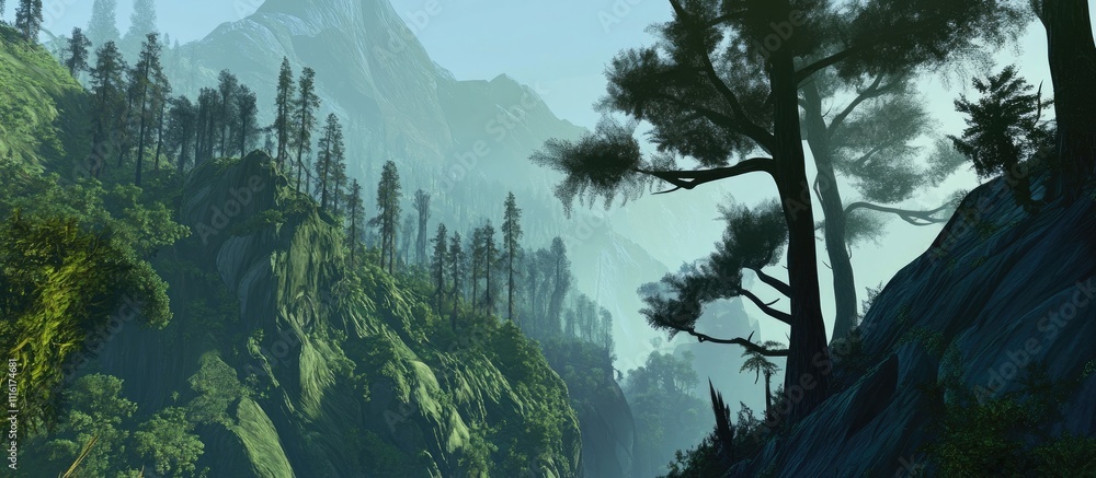 Poster mountain landscape featuring prominent trees and lush greenery with misty peaks in the background un