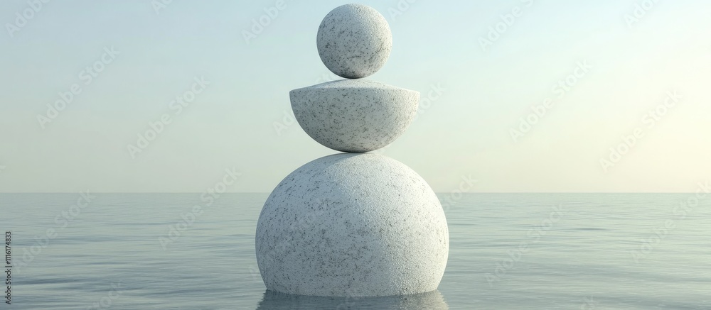 Poster calm ocean landscape with stacked stone sculptures under soft sunlight creating a serene and tranqui