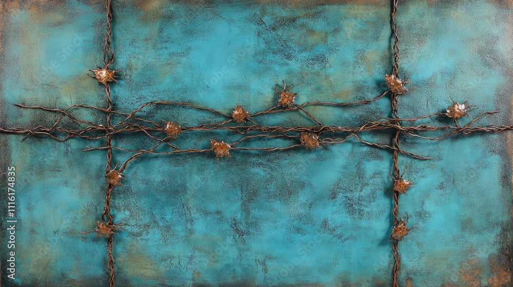 Poster weathered rusty steel panel with intricate vine patterns and textured turquoise background, creating