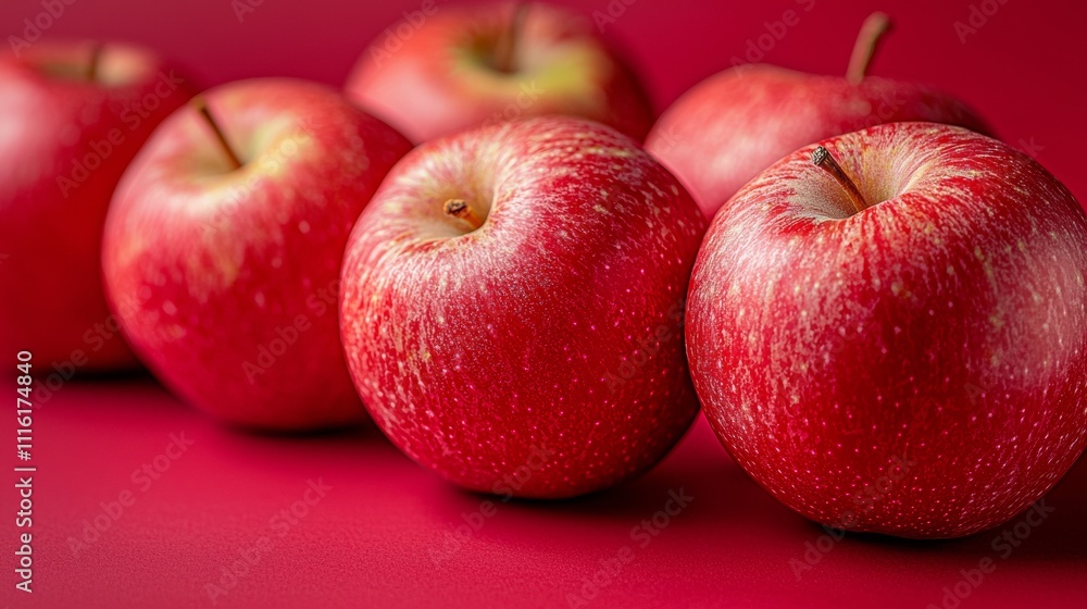 Poster close-up of fresh red apples on a matching red background