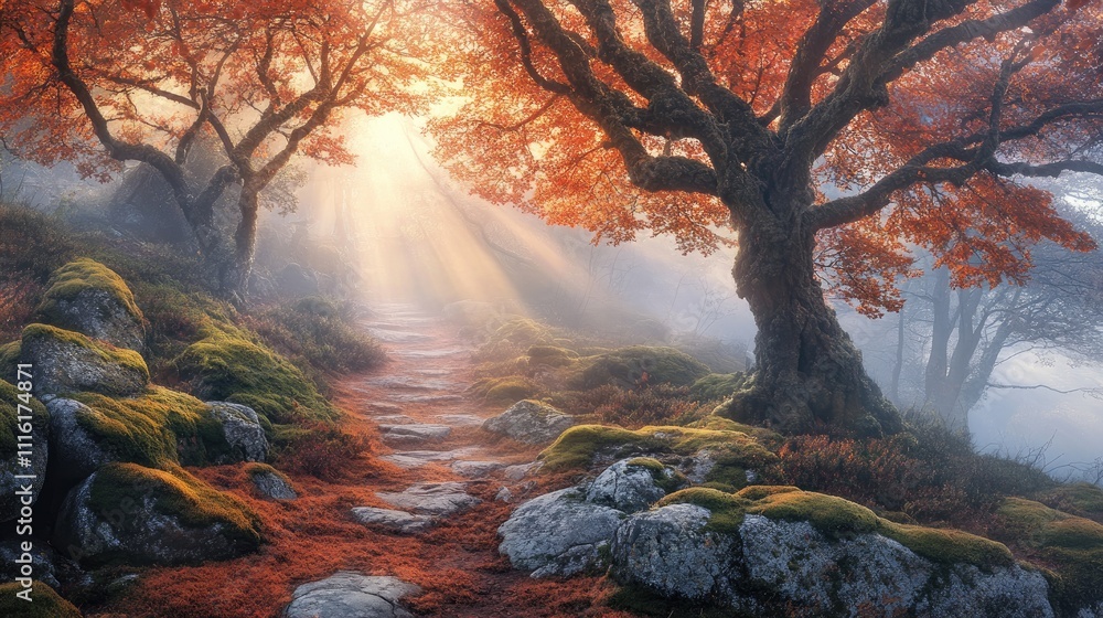 Aufkleber serene autumn pathway illuminated by sunlight with mossy trees and colorful foliage in a tranquil fo