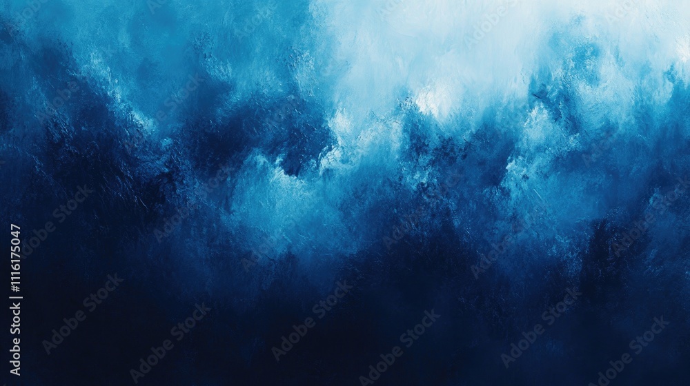 Poster dynamic abstract blue and white paint strokes on dark background creating a textured wave-like desig