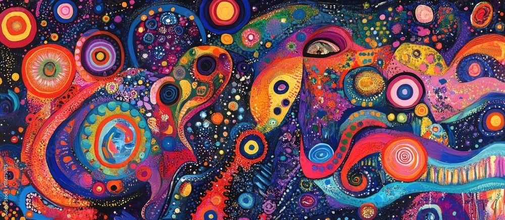 Poster colorful abstract fireworks display with swirling patterns and vibrant circles set against a dark ba