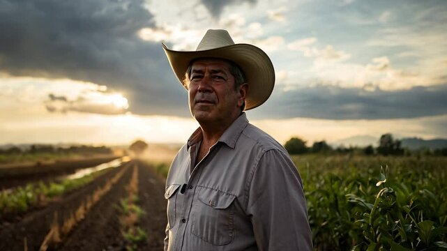 Portrait of man with mexican farmer. Man, farmer, mexican, portrait old, field. Farmer with young child in a field with old people. A man in a cowboy hat stands in a lifestyle field.