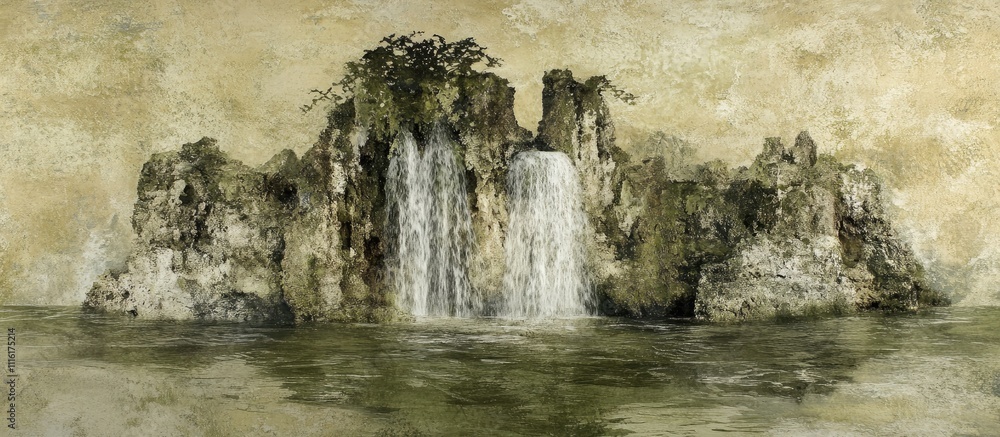 Poster serene waterfall cascading over ancient rocks in a tranquil landscape with soft earth tones and natu
