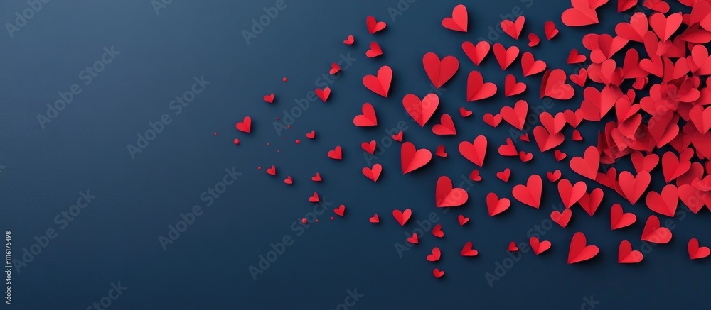 Poster red paper hearts scattering across a dark blue background symbolizing love with ample space for pers