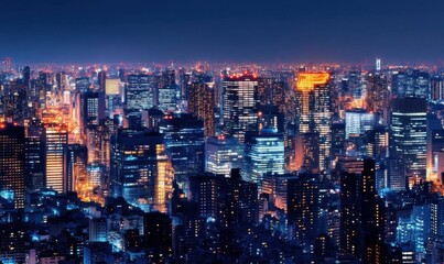 Naklejka premium A vibrant city skyline illuminated at night, showcasing urban life.