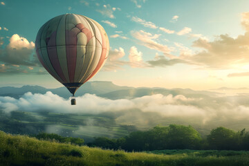 Fototapeta premium Vibrant hot air balloon soars above a picturesque landscape of rolling hills and fields, bathed in the golden light of dawn