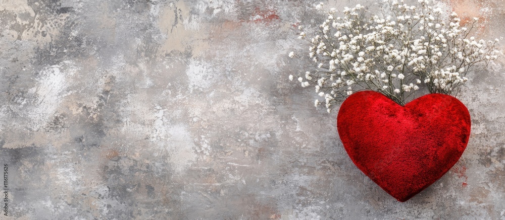 Poster red velvet heart with delicate flowers arranged on textured gray paper creating a romantic and artis