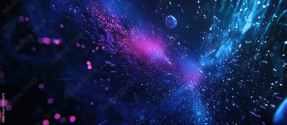 Poster abstract cosmic scene with vibrant colors and sparkling particles resembling fireworks celebrating a