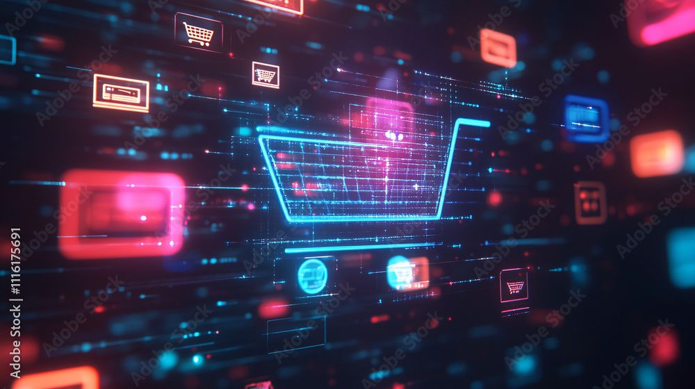 Poster a futuristic shopping cart icon surrounded by floating data cubes and holographic product ads, symbo
