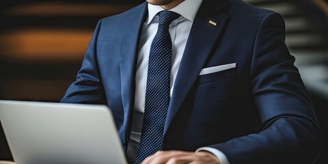 A man dressed in a suit and tie is positioned with a laptop in front of him, showcasing a professional appearance and engaged in work or business related activities.