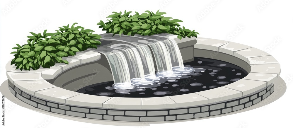 Aufkleber Serene petite waterfall flowing into a calm circular pool surrounded by lush greenery and smooth stone edges in a peaceful landscape setting