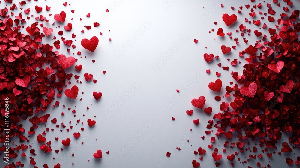 Poster Red heart shapes scattered on a white background with ample empty space, ideal for greeting card designs, love themes, romance, Valentine's Day, celebration, copy space.