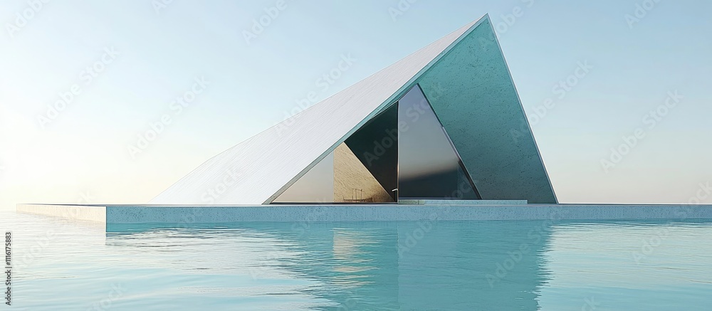 Poster Modern pyramid architectural design reflecting in tranquil waters with a minimalistic aesthetic and serene environment.