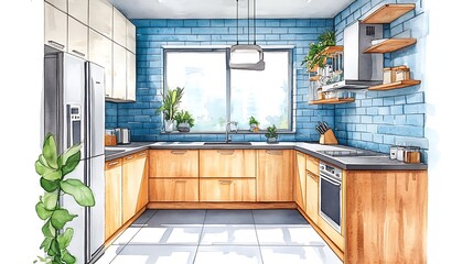 Watercolor modern and minimalist kitchen interior design illustration