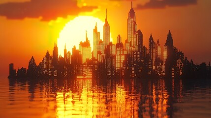 Fototapeta premium Sunset over a sprawling cityscape on an island, reflected in calm waters.