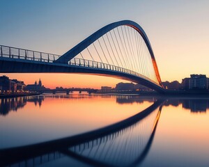 Obraz premium Suspension bridge with curved pylons and LED lighting, crossing a vast river mouth and connecting two coastal cities