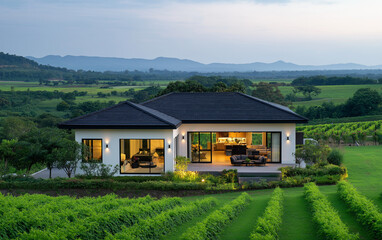 Fototapeta premium Modern Minimalist Home in Scenic Valley: A contemporary single-story house with a black roof and white walls, featuring expansive glass windows that showcase the stunning mountain valley views.