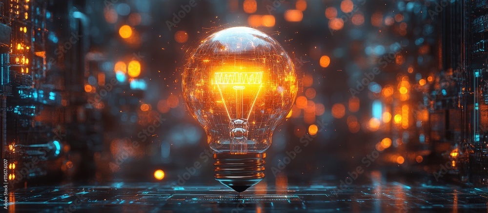 Poster futuristic light bulb symbolizing innovation and creativity amidst a digital technology backdrop wit