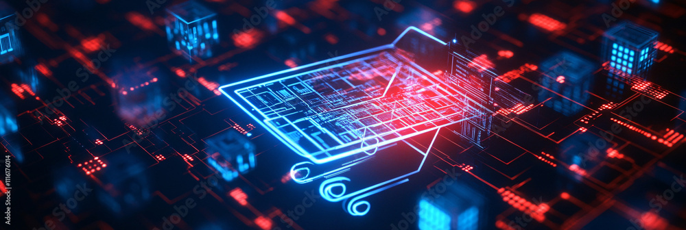 Poster a futuristic shopping cart icon surrounded by floating data cubes and holographic product ads, symbo