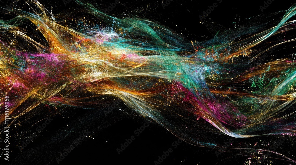 Aufkleber Colorful abstract water splash on black background creating a vibrant and dynamic visual flow of artistic energy and movement.