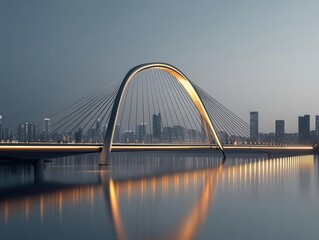 Obraz premium Modern cablestayed bridge with illuminated towers, crossing a river at night, creating a glowing architectural landmark