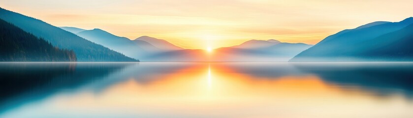 Fototapeta premium A serene sunrise over a tranquil lake, surrounded by misty mountains creating a peaceful and picturesque landscape.