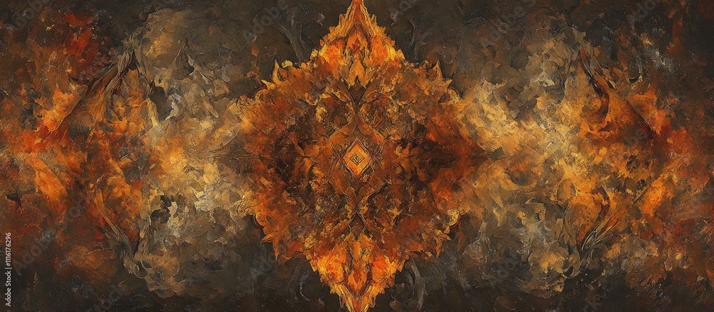 Poster vibrant abstract explosion of orange and gold hues resembling fireworks against a dark textured back