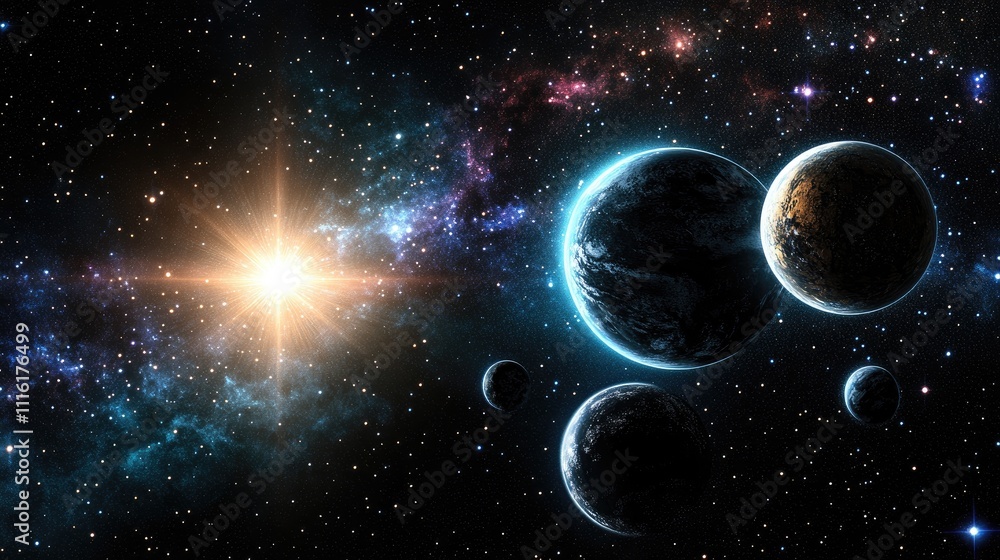 Aufkleber vibrant nebula and distant galaxies illuminated by starlight showcasing planets in deep space for co