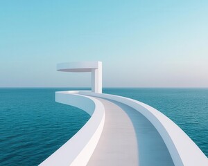 Obraz premium Floating pedestrian bridge with wavelike curves, designed to float across a sea inlet, offering scenic ocean views
