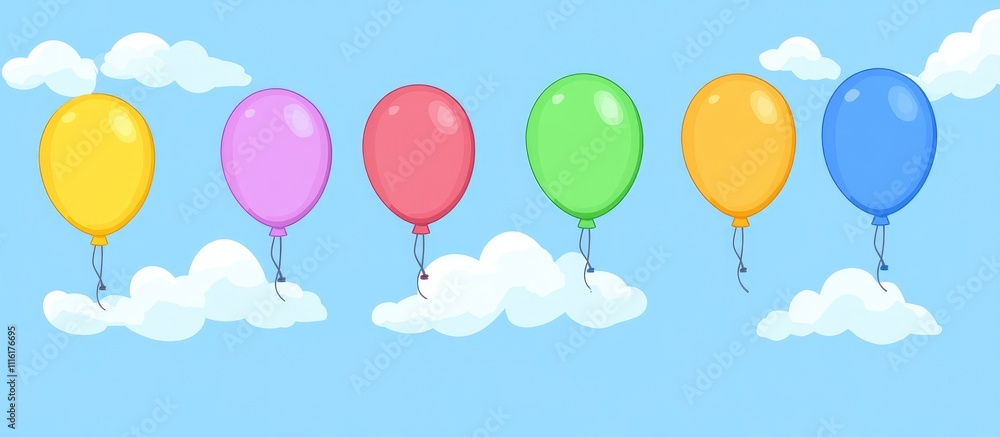 Wall mural Colorful round balloons drifting against a bright blue sky with fluffy clouds creating a festive and joyful atmosphere.