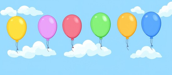 Colorful round balloons drifting against a bright blue sky with fluffy clouds creating a festive and joyful atmosphere.