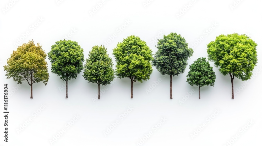 Poster collection of various isolated trees showcasing different shapes and colors on a clean white backgro