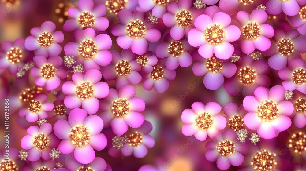 Poster vibrant pink flowers with soft glowing details on a violet background for creative design projects a