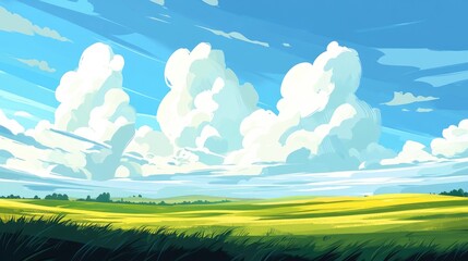 Obraz premium Vibrant green hills of an agricultural farm under a bright blue sky filled with fluffy white clouds showcasing serene rural scenery