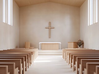 A minimalist church interior with wooden pews, pale beige walls, and a simple cross centerpiece.