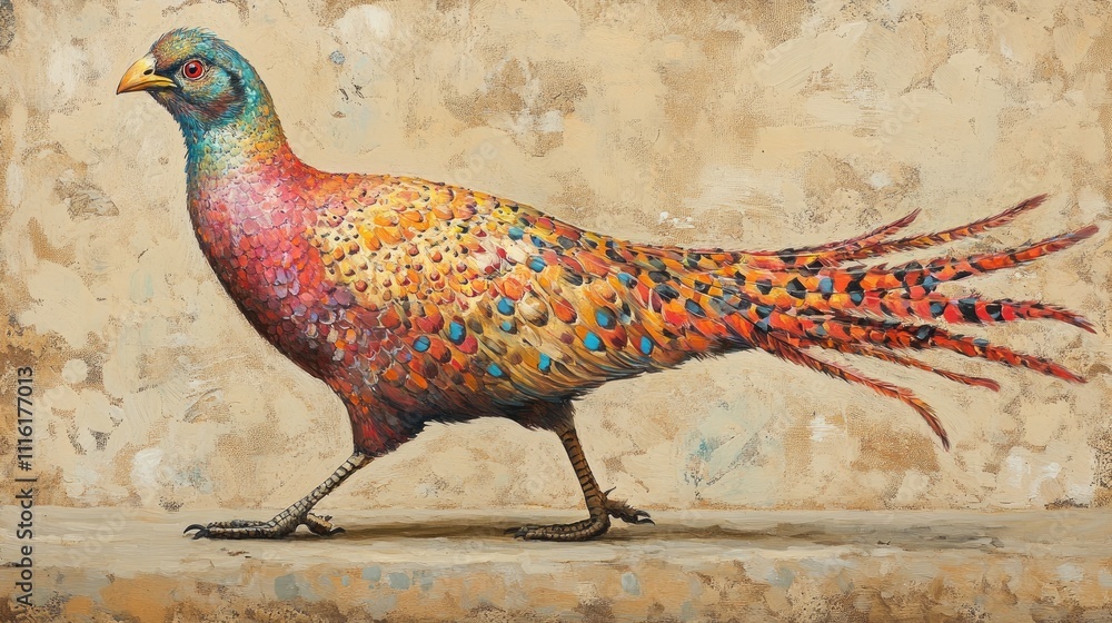 Poster vibrant pheasant walking gracefully on a textured background showcasing its colorful plumage and int
