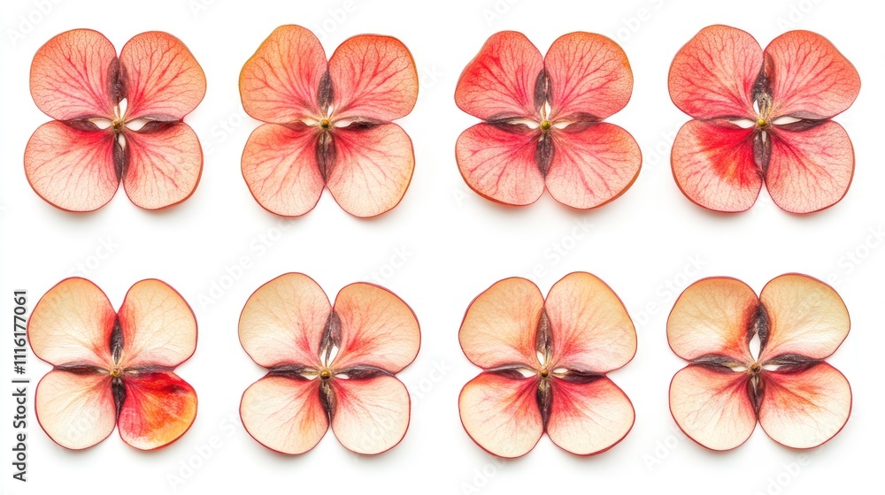 Poster Delicate slices of paradise apples arranged in a grid pattern showcasing vibrant colors against a clean white background.