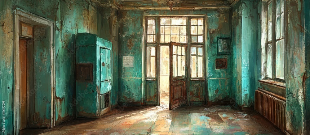 Aufkleber abandoned hotel interior showcasing peeling paint and rustic charm in an atmospheric, deteriorating 