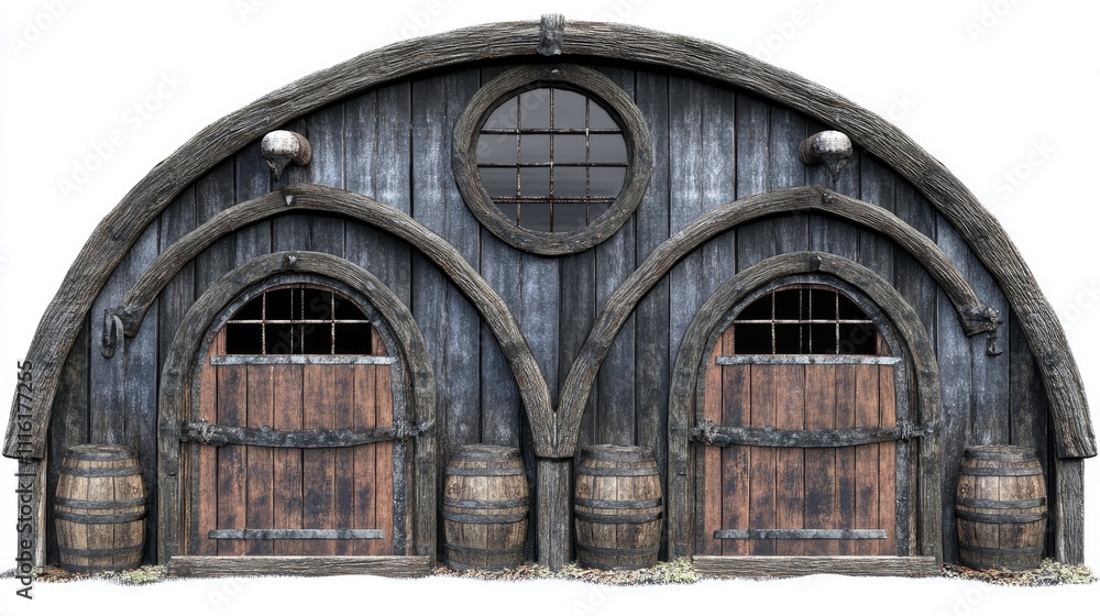 Aufkleber rustic wooden door with arched design surrounded by barrels and windows on a white background ideal 