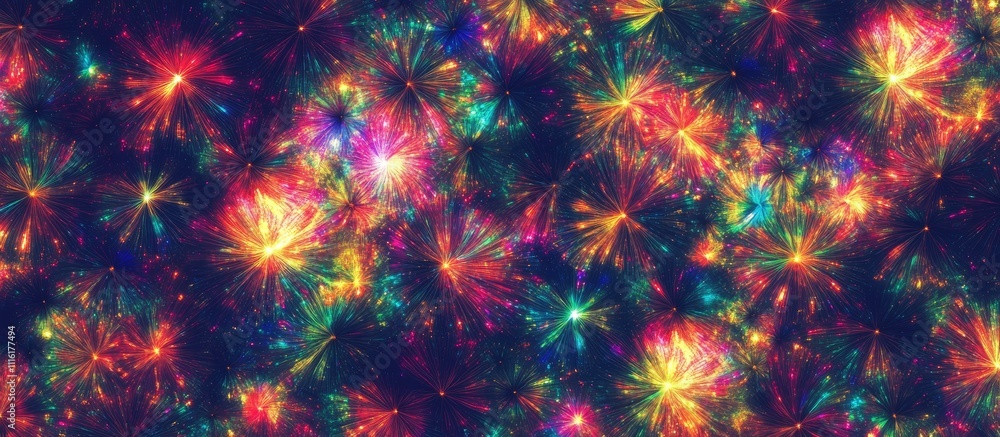 Poster vibrant abstract pattern of colorful fireworks resembling shimmering stars and lights in a dark back