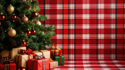 Festive Christmas tree adorned with ornaments and pinecones, alongside beautifully wrapped gifts on a red plaid background