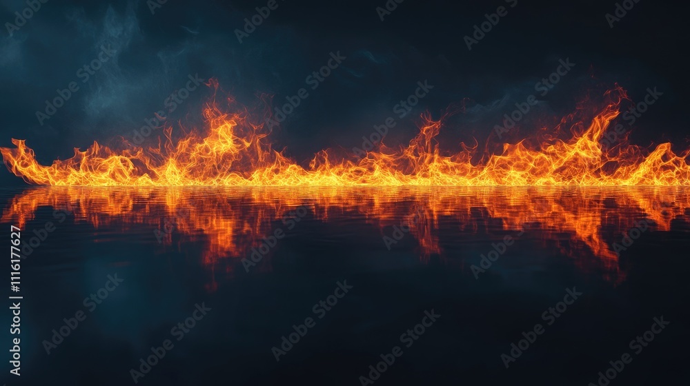 Poster dynamic fire flames with vivid reflections on a dark reflective surface creating a dramatic backgrou