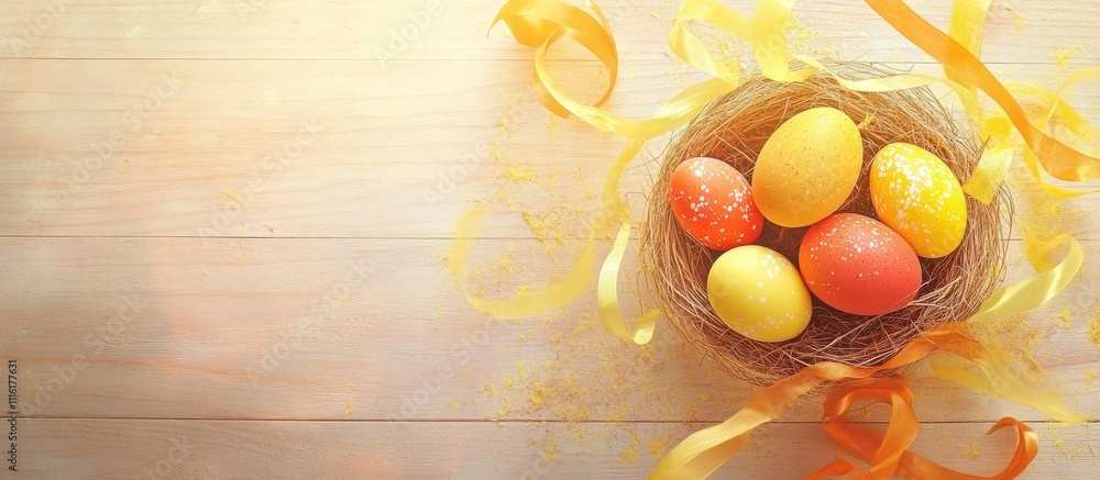 Poster easter celebration banner with colorful eggs in a nest and ribbons on a light wooden background idea