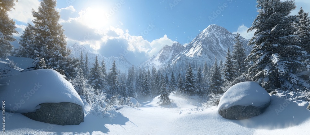 Poster winter wonderland in snowy mountains with sunlight illuminating trees and rocks creating a serene la